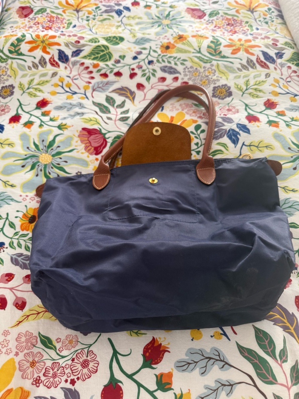 Longchamp Navy Tote with Brown Leather Trim